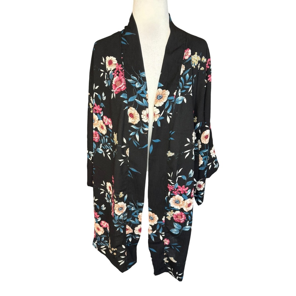 JET John Eshaya Black Floral Rayon Crepe Kimono Cardigan One Size Made in USA‎